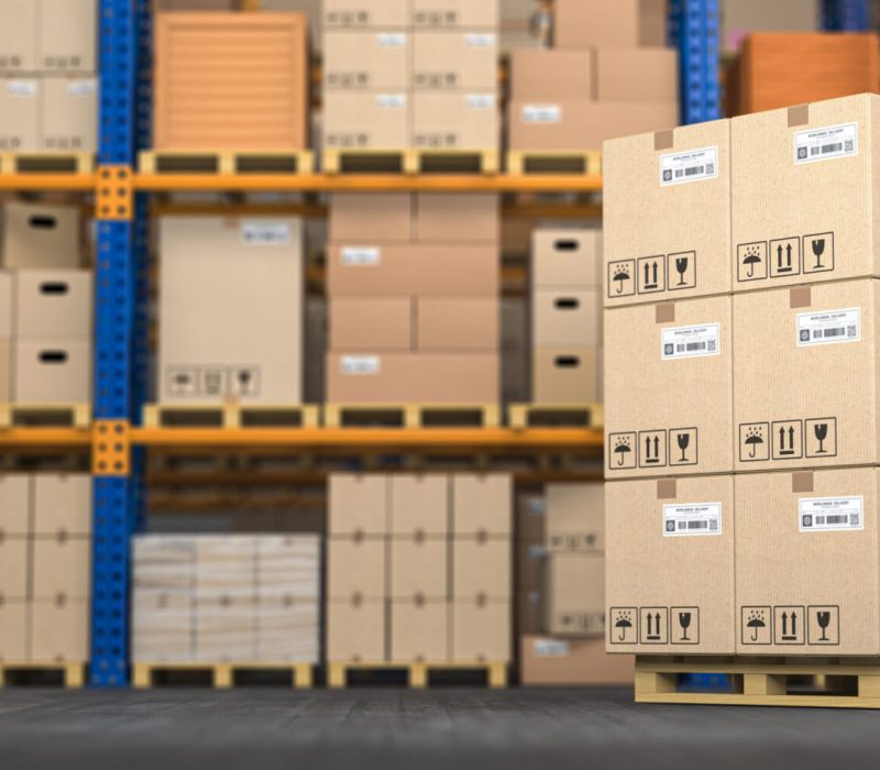 Warehouse or storage with cardboard boxes on a pallet. Logistics and mail delivery concept. 3d illustration.